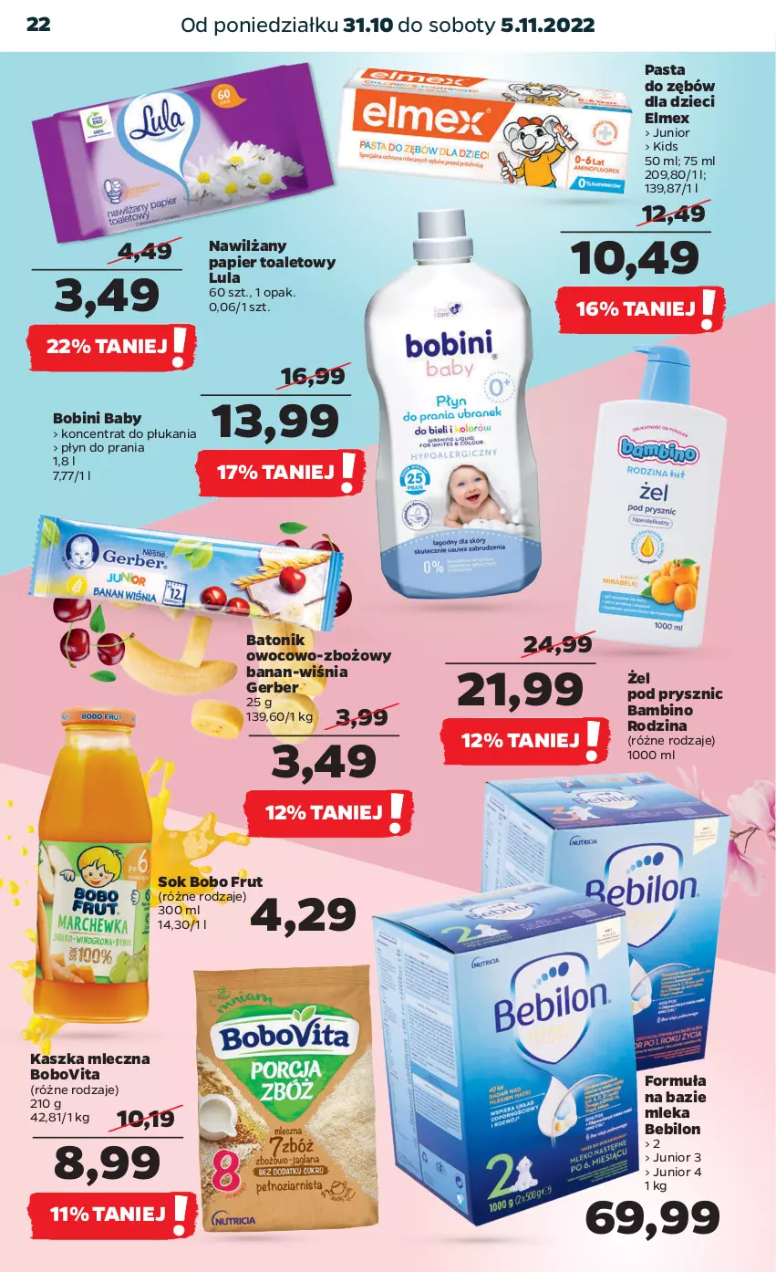 Gazetka promocyjna Netto - Artykuły spożywcze - ważna 31.10 do 05.11.2022 - strona 22 - produkty: Baton, BEBILON, BoboVita, Dzieci, Elmex, Gerber, Nawilżany papier, Papier, Papier toaletowy, Pasta do zębów, Płyn do prania, Sok, Tonik