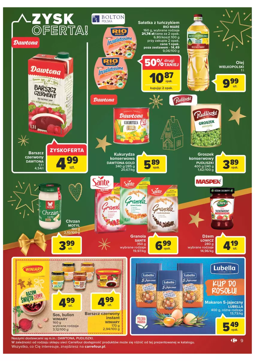 Gazetka promocyjna Carrefour - Gazetka Market - ważna 06.12 do 11.12.2022 - strona 9 - produkty: Bulion, Dawtona, Dżem, Gra, Granola, Groszek, Kosz, Kukurydza, Lion, Olej, Pudliszki, Rio Mare, Sałat, Sałatka, Sante, Ser, Sos, Tuńczyk, Winiary