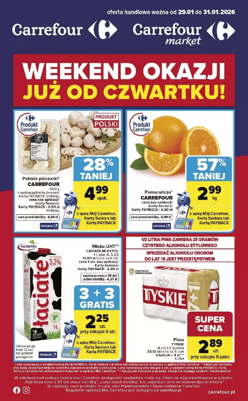 Gazetka promocyjna Carrefour - Gazetka Weekend okazji już od czwartku! - ważna 29.01 do 31.01.2026 - strona 1 - produkty: Gra, Mleko, Piec, Piwa, Pomarańcze, Tyskie