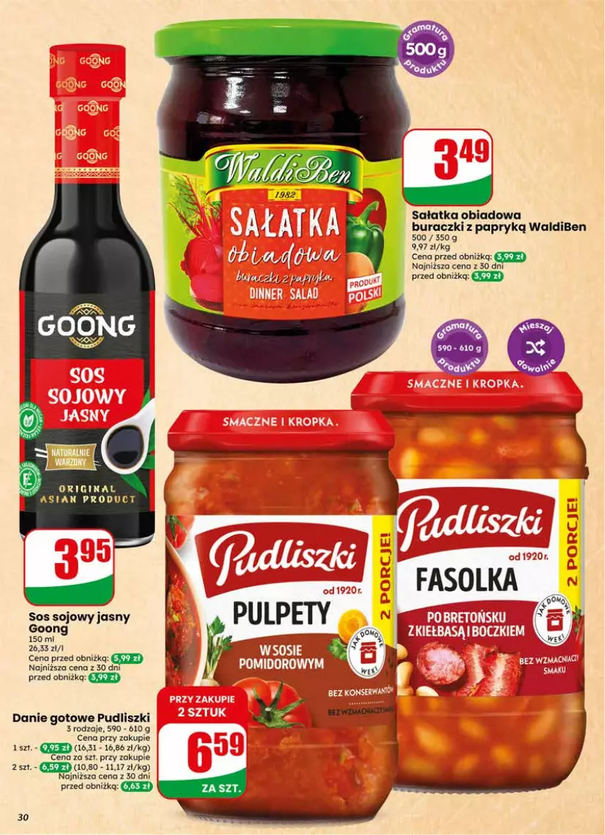Gazetka promocyjna Dino - Gazetka 25 / 2026 - ważna 17.06 do 23.06.2026 - strona 30 - produkty: Buraczki, Danie gotowe, Fa, Gin, Pudliszki, Sałat, Sałatka, Sos, Sos sojowy