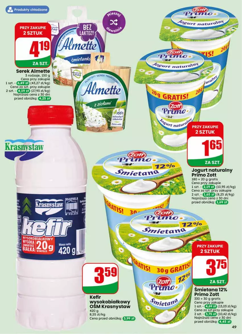 Gazetka promocyjna Dino - Gazetka 25 / 2026 - ważna 17.06 do 23.06.2026 - strona 49 - produkty: Almette, Gra, Jogurt, Jogurt naturalny, Kefir, Ser, Serek, Sok, Zott