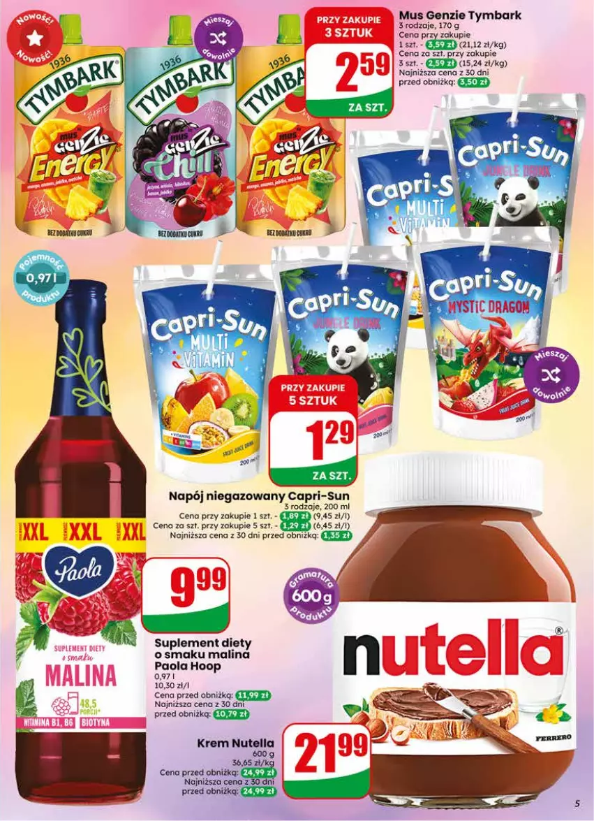 Gazetka promocyjna Dino - Gazetka 25 / 2026 - ważna 17.06 do 23.06.2026 - strona 5 - produkty: Hoop, Mus, Napój, Napój niegazowany, Nutella, Paola, Suplement diety, Tymbark
