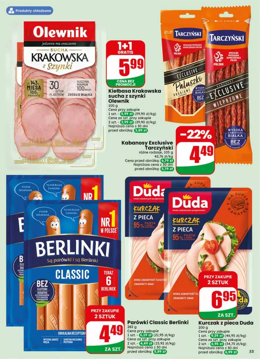 Gazetka promocyjna Dino - Gazetka 25 / 2026 - ważna 17.06 do 23.06.2026 - strona 55 - produkty: Berlinki, Duda, Kabanos, Kiełbasa, Kiełbasa krakowska, Kurczak, Olewnik, Parówki, Piec, Tarczyński