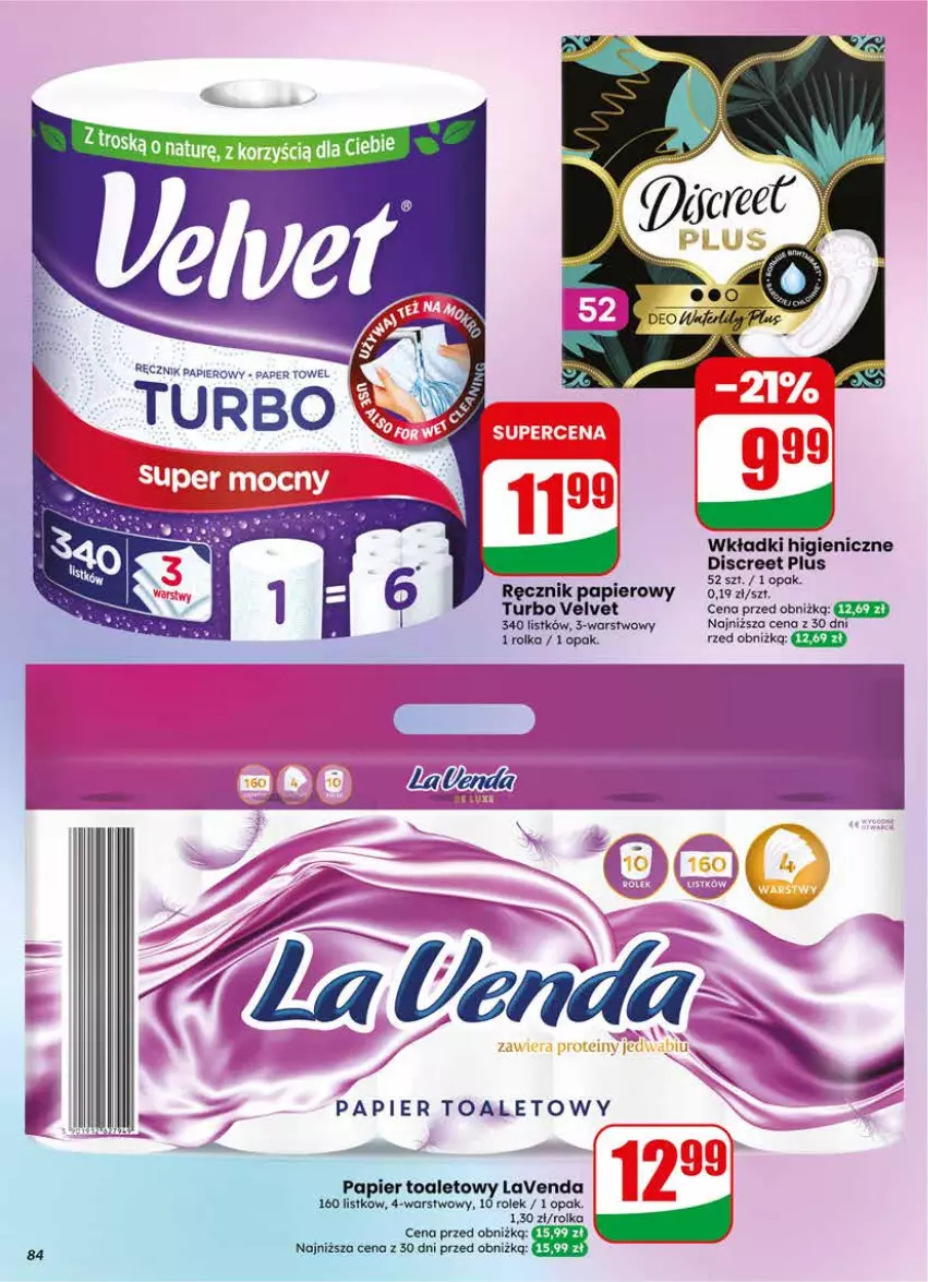Gazetka promocyjna Dino - Gazetka 25 / 2026 - ważna 17.06 do 23.06.2026 - strona 84 - produkty: Discreet, Papier, Papier toaletowy, Ręcznik, Velvet, Wkładki