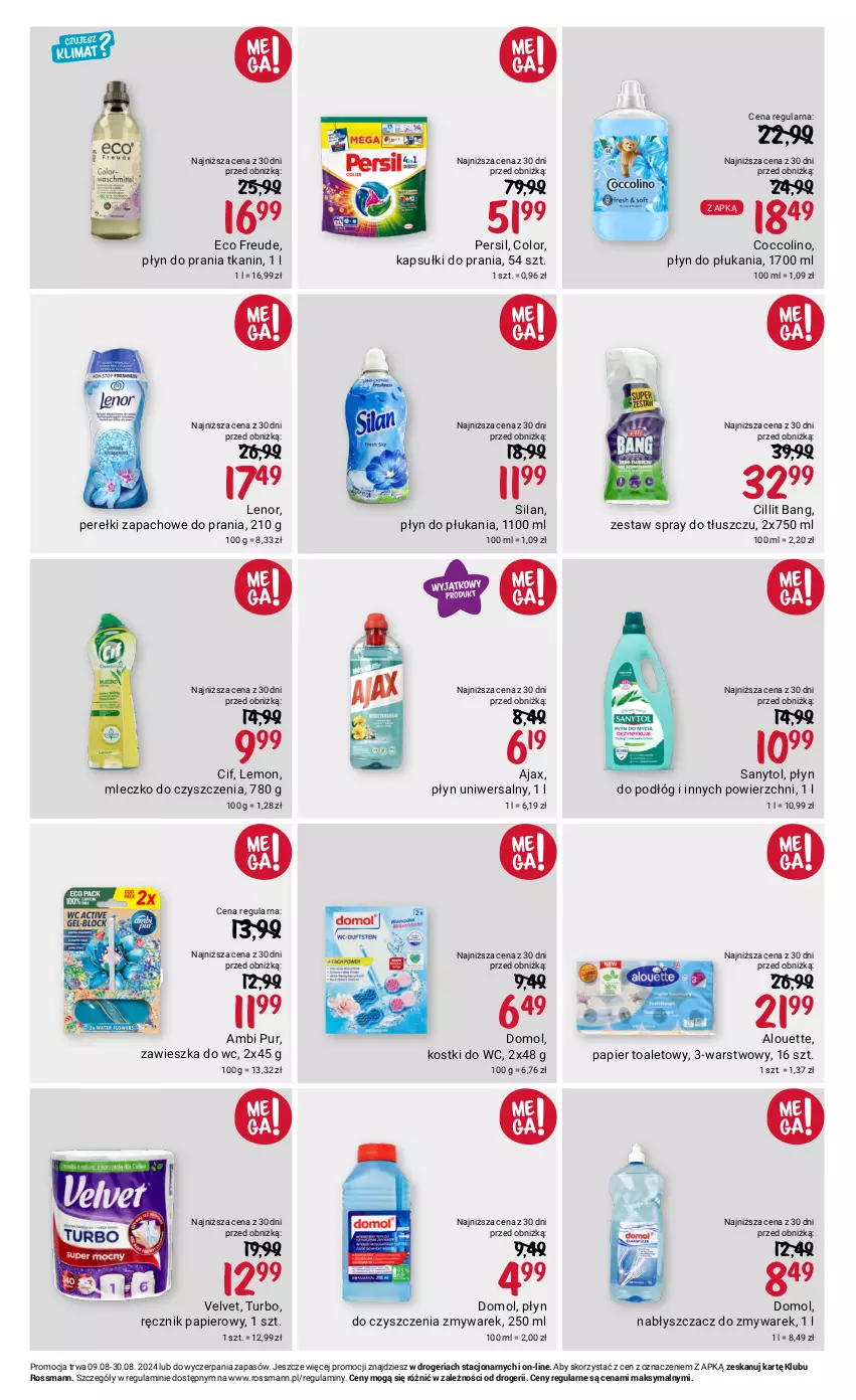 Gazetka promocyjna Rossmann - 9 sierpnia - ważna 09.08 do 30.08.2024 - strona 11 - produkty: Ajax, Alouette, Ambi Pur, Cif, Cillit Bang, Coccolino, Domol, Kapsułki do prania, Lenor, Mleczko, Papier, Papier toaletowy, Perełki zapachowe, Persil, Płyn do płukania, Płyn do prania, Pur, Ręcznik, Sanytol, Silan, Velvet, Zawieszka do wc