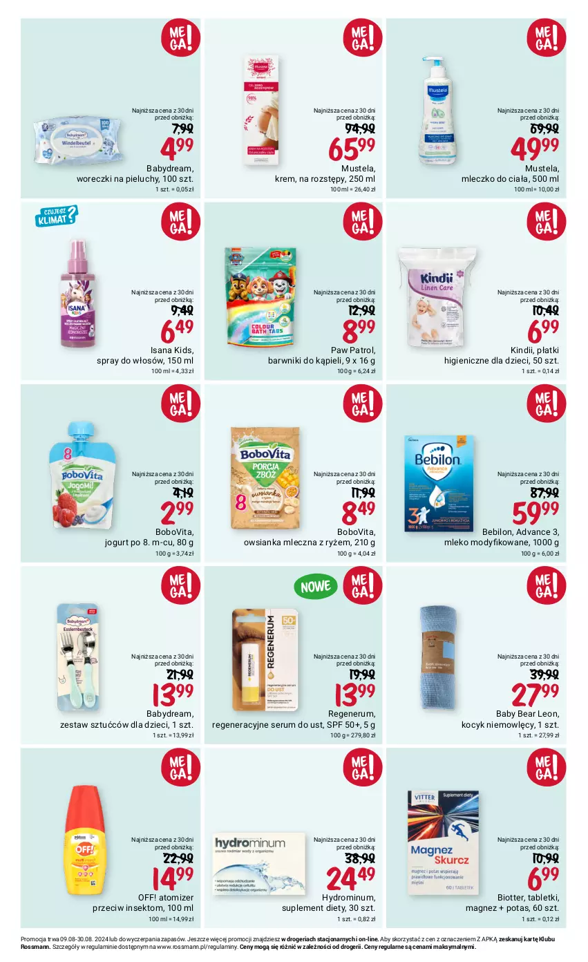 Gazetka promocyjna Rossmann - 9 sierpnia - ważna 09.08 do 30.08.2024 - strona 13 - produkty: Babydream, BEBILON, BoboVita, Dzieci, Isana, Jogurt, Kindii, Koc, Leon, Magnez, Mleczko, Mleczko do ciała, Mleko, Mleko modyfikowane, Mus, Mustela, Owsianka, Pieluchy, Rum, Ryż, Ser, Serum, Suplement diety, Tablet, Zestaw sztućców