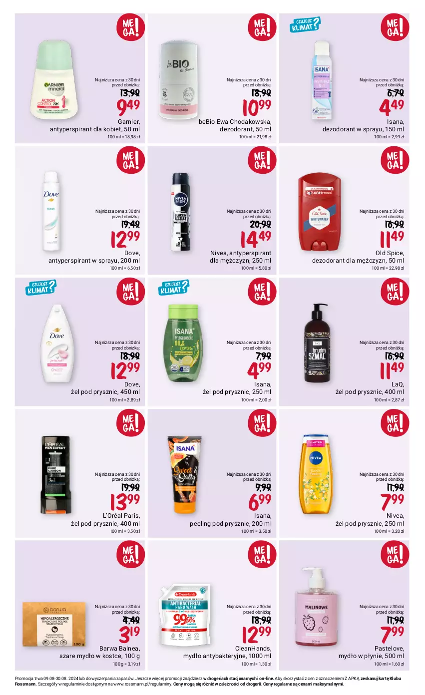 Gazetka promocyjna Rossmann - 9 sierpnia - ważna 09.08 do 30.08.2024 - strona 3 - produkty: Antyperspirant, Dezodorant, Dove, Garnier, Isana, L’Oréal, Mydło, Mydło w płynie, Nivea, Old Spice, Peeling