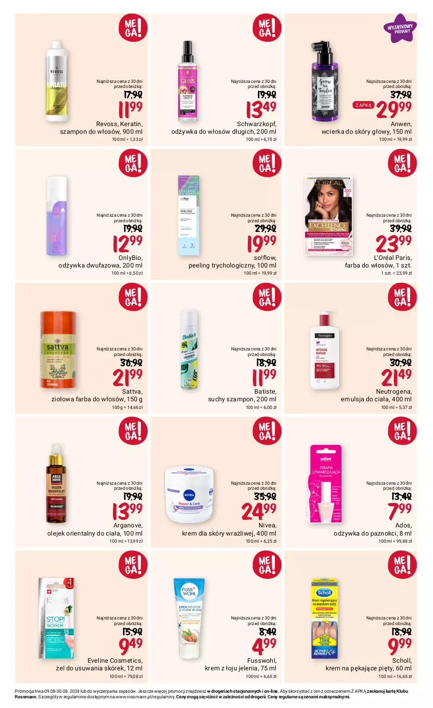 Gazetka promocyjna Rossmann - 9 sierpnia - ważna 09.08 do 30.08.2024 - strona 6 - produkty: Batiste, Emulsja, Eveline, Fa, Farba do włosów, L’Oréal, Neutrogena, Nivea, Odżywka, Olej, Peeling, Scholl, Schwarzkopf, Suchy szampon, Szampon