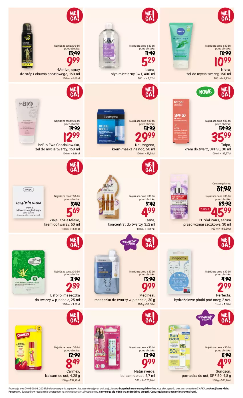 Gazetka promocyjna Rossmann - 9 sierpnia - ważna 09.08 do 30.08.2024 - strona 7 - produkty: Balsam do ust, Hydrożelowe płatki pod oczy, Isana, Krem do twarzy, L’Oréal, Mars, Maska, Mleko, Neutrogena, Nivea, Perfecta, Płyn micelarny, Por, Rum, Ser, Serum, Sport, Tołpa, Ziaja