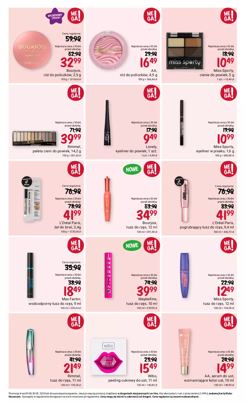 Gazetka promocyjna Rossmann - 9 sierpnia - ważna 09.08 do 30.08.2024 - strona 9 - produkty: Bell, Bourjois, Fa, L’Oréal, Lovely, Max Factor, Maybelline, Miss Sporty, Paleta, Peeling, Por, Róż do policzków, Rum, Ser, Serum, Sport, Tusz, Wibo