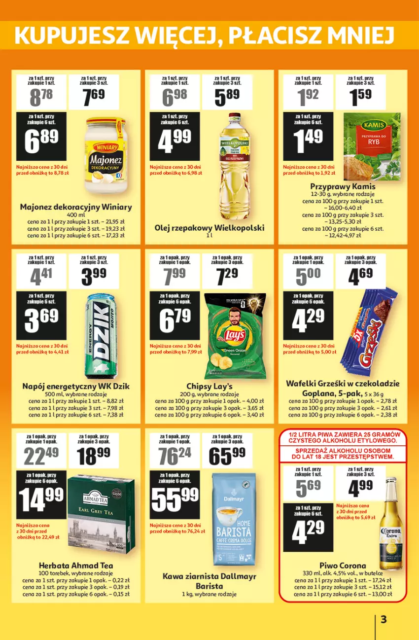Gazetka promocyjna Auchan - ATAC Hiper Discount - ważna 11.06 do 24.06.2026 - strona 3 - produkty: Chipsy, Dallmayr, Fa, Goplana, Grześki, Herbata, Kamis, Kawa, Kawa ziarnista, LANA, Majonez, Napój, Napój energetyczny, Olej, Olej rzepakowy, Piwo, Przyprawy, Winiary