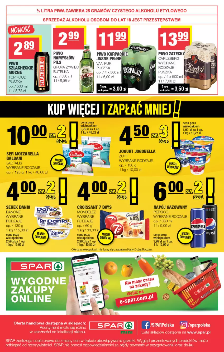 Gazetka promocyjna Spar - Spar-Mini - ważna 16.11 do 26.11.2025 - strona 4 - produkty: 7 Days, Bell, Bella, Carlsberg, Croissant, Danio, Danone, Galbani, Jogobella, Jogurt, Karp, Mozzarella, Namysłów, Napój, Napój gazowany, Pepsi, Piwo, Pur, Ser, Serek, Top, Zott