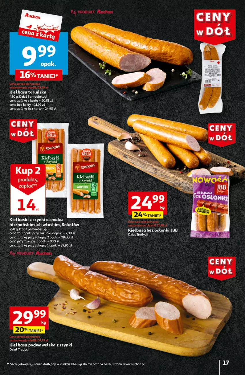 Gazetka promocyjna Auchan - Gazetka CENY W DÓŁ Hipermarket Auchan - ważna 31.05 do 05.06.2024 - strona 17 - produkty: Kiełbasa, Kiełbasa podwawelska, Sok, Sokołów, Wawel