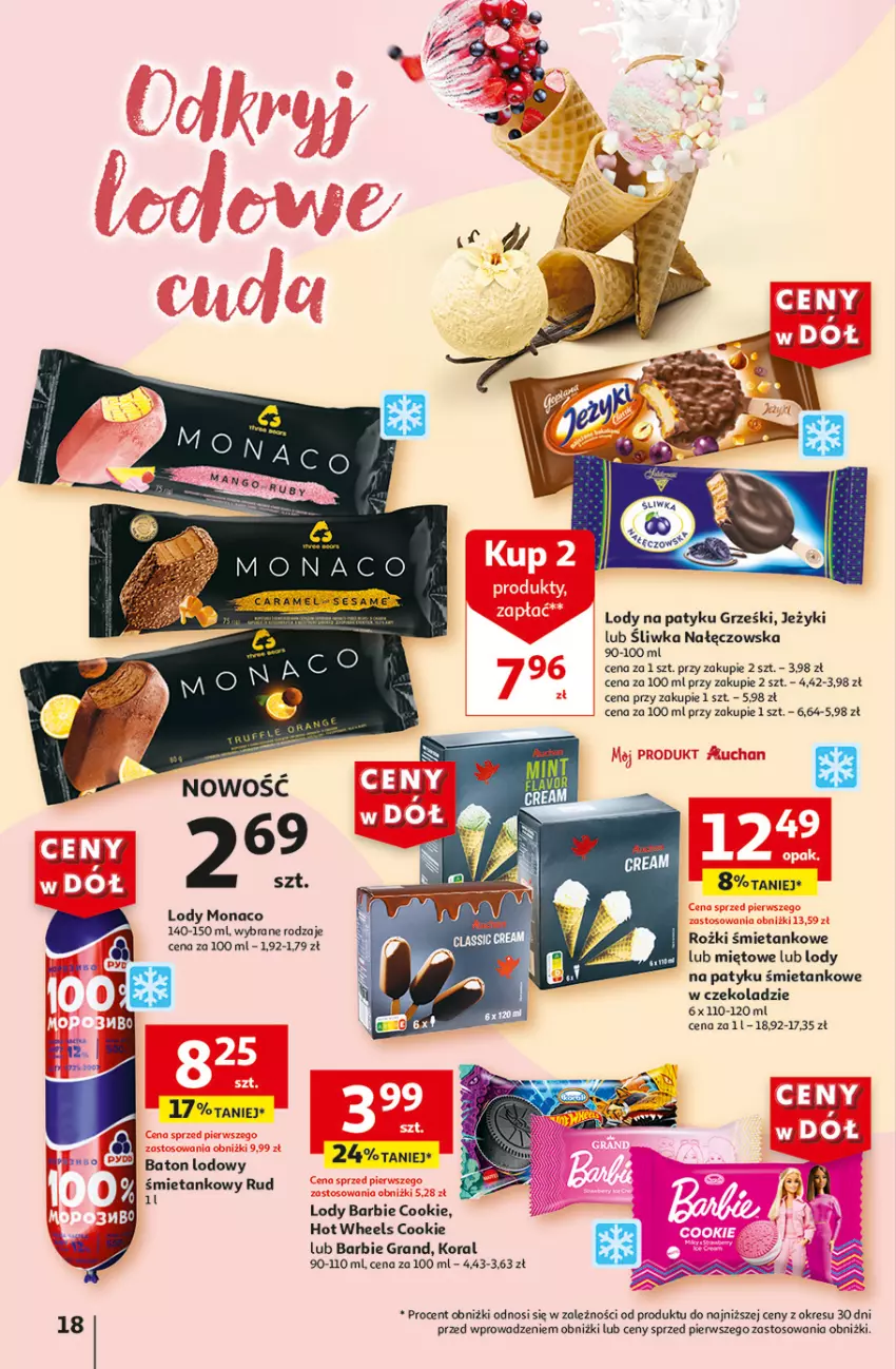 Gazetka promocyjna Auchan - Gazetka CENY W DÓŁ Hipermarket Auchan - ważna 31.05 do 05.06.2024 - strona 18 - produkty: Barbie, Baton, Gra, Grześki, Hot Wheels, Jeżyki, Lody