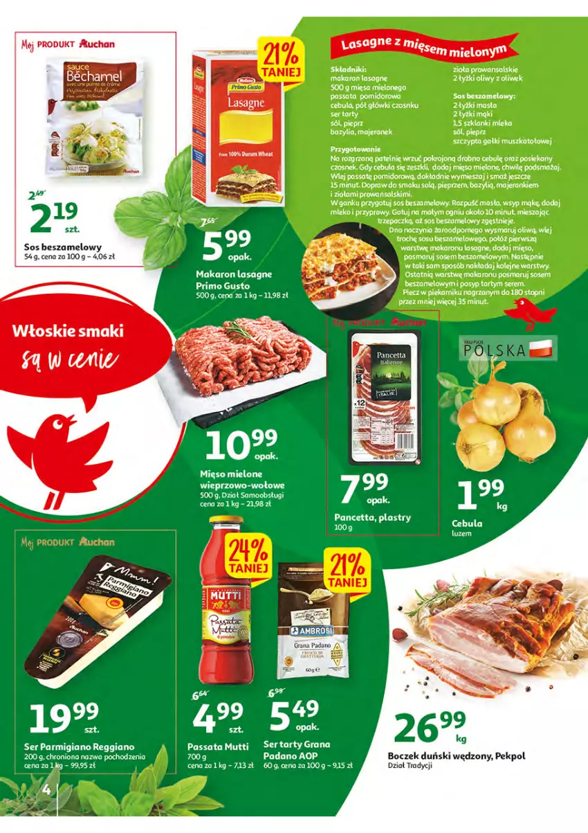 Gazetka promocyjna Auchan - Włoska kuchnia jest w cenie Hipermarkety - ważna 05.05 do 11.05.2022 - strona 4 - produkty: Bazyl, Boczek, Cebula, Czosnek, Fa, Gra, Lasagne, Makaron, Masło, Mięso, Mięso mielone, Mleko, Olej, Pekpol, Pieprz, Por, Przyprawy, Ser, Sól, Sos