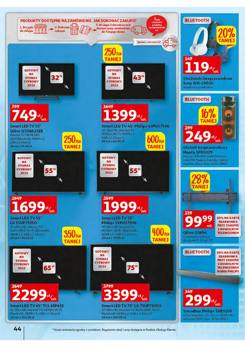 Gazetka promocyjna Auchan - Włoska kuchnia jest w cenie Hipermarkety - ważna 05.05 do 11.05.2022 - strona 44 - produkty: Głośnik, HD ready, Kosz, LED TV, LG, Manta, Mikrofon, Philips, Ser, Słuchawki, Słuchawki bezprzewodowe, Sony, Soundbar, Telewizor