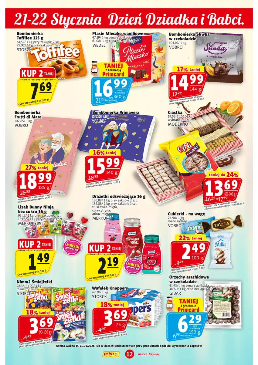 Gazetka promocyjna Prim Market - ważna 15.01 do 21.01.2026 - strona 12 - produkty: Arbuz, Ciastka, Cukier, Cukierki, Knoppers, Mięta, Mleczko, Nimm2, Ptasie mleczko, Toffifee, Wafelek