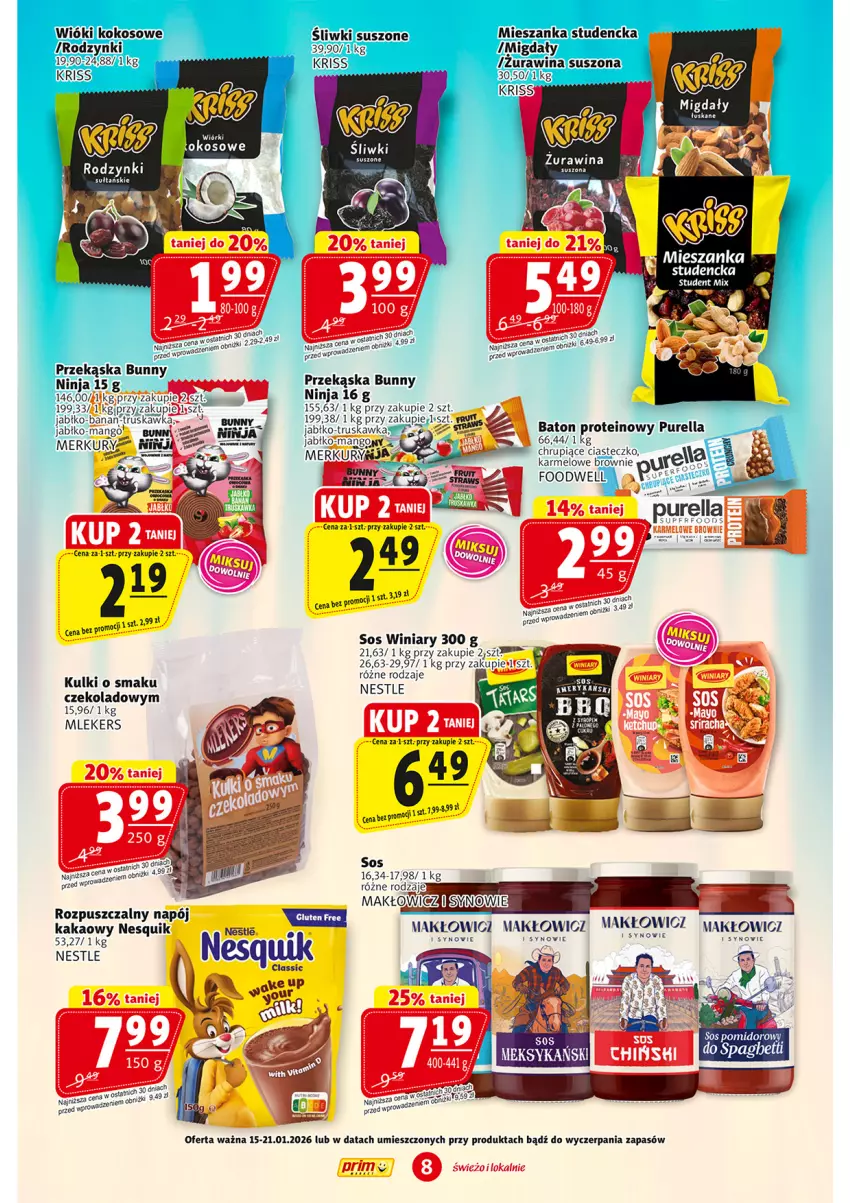 Gazetka promocyjna Prim Market - ważna 15.01 do 21.01.2026 - strona 8 - produkty: Baton, Brownie, Kakao, Kokos, Mango, Mieszanka studencka, Migdały, Migdały łuskane, Napój, Nesquik, Pur, Rodzynki, Sos, Winiary