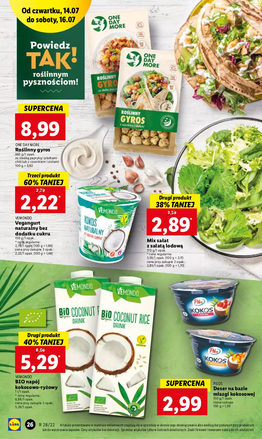 Gazetka promocyjna Lidl - GAZETKA - ważna 14.07 do 16.07.2022 - strona 26 - produkty: Deser, Gyros, Kokos, Napój, Pilos, Roślinny gyros, Ryż, Sałat, Ser, Vegangurt