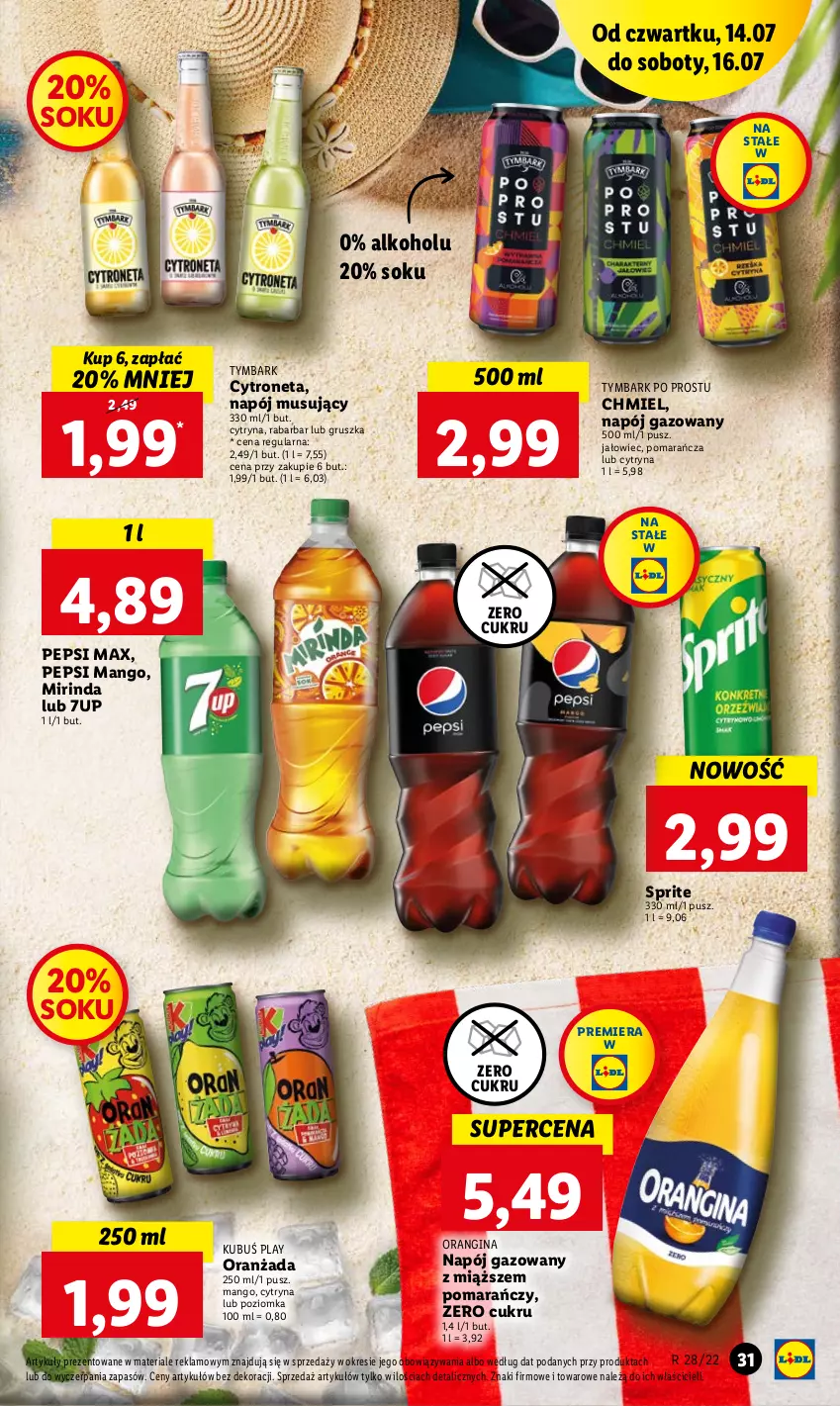 Gazetka promocyjna Lidl - GAZETKA - ważna 14.07 do 16.07.2022 - strona 31 - produkty: 7up, Gin, Kubuś, Mango, Mirinda, Mus, Napój, Napój gazowany, Napój musujący, Oranżada, Pepsi, Pepsi max, Sok, Sprite, Tymbark