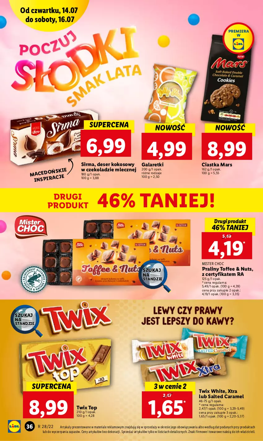 Gazetka promocyjna Lidl - GAZETKA - ważna 14.07 do 16.07.2022 - strona 36 - produkty: Ciastka, Deser, Gala, Galaretki, Kokos, Mars, Praliny, Ser, Top, Twix