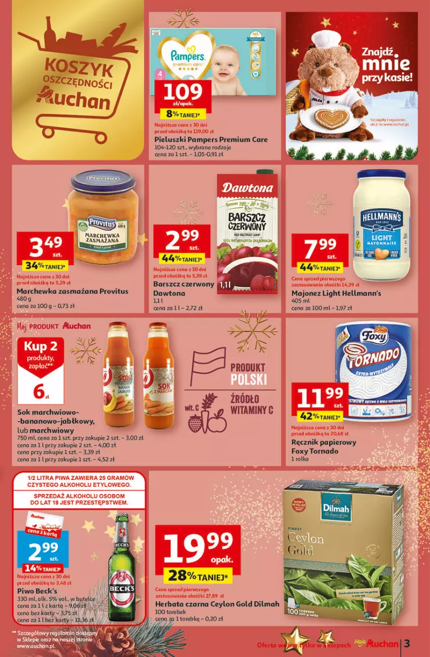 Gazetka promocyjna Auchan - Gazetka Magia Świąt Część 3 Moje Auchan - ważna 30.11 do 06.12.2023 - strona 3 - produkty: Dawtona, Dilmah, Foxy, Herbata, Herbata czarna, Majonez, Pampers, Papier, Piwo, Ryż, Sok