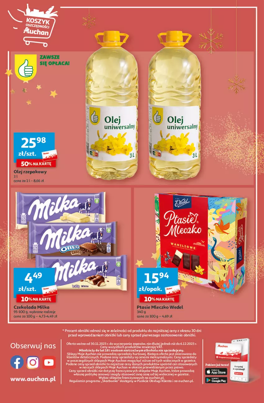 Gazetka promocyjna Auchan - Gazetka Magia Świąt Część 3 Moje Auchan - ważna 30.11 do 06.12.2023 - strona 4 - produkty: Czekolada, Gra, Milka, Mleczko, Olej, Olej rzepakowy, Ptasie mleczko, Ser