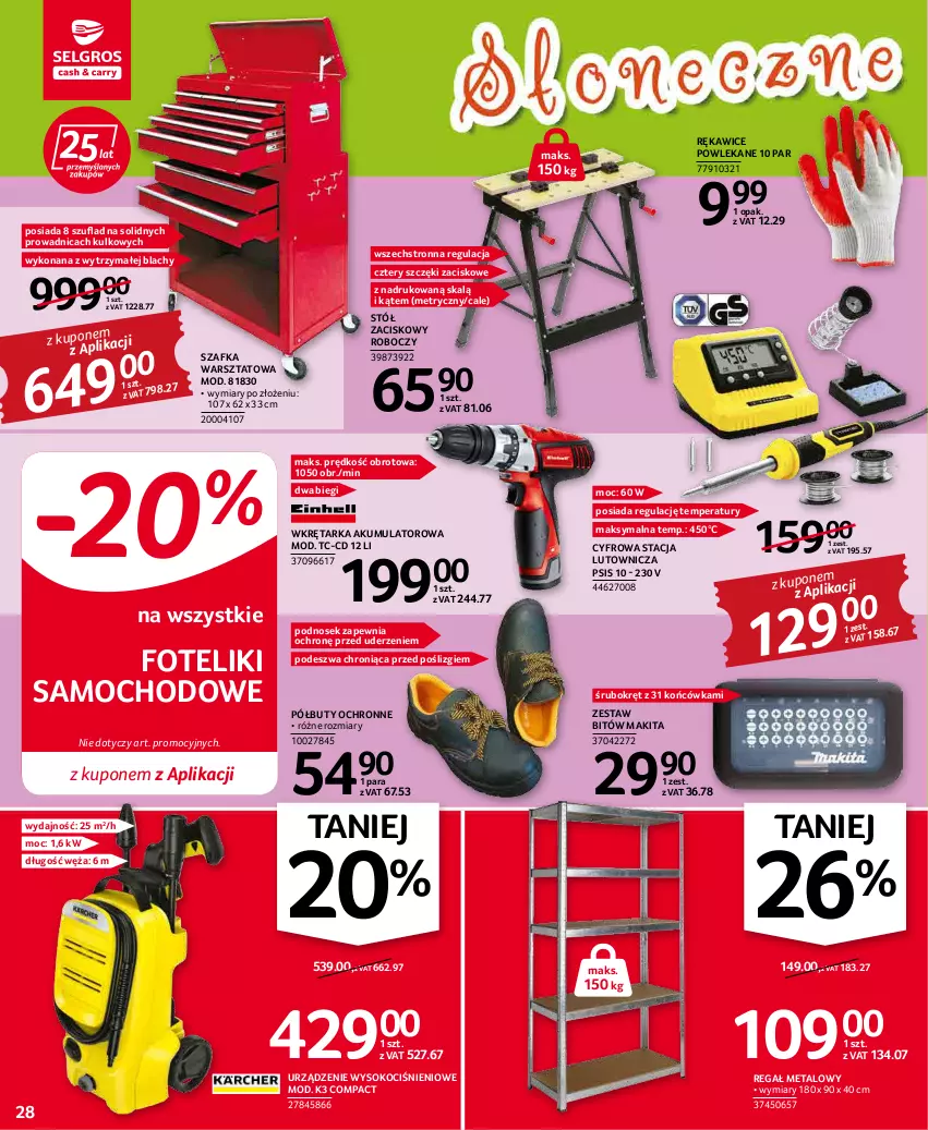 Gazetka promocyjna Selgros - Oferta przemysłowa - ważna 19.05 do 01.06.2022 - strona 28 - produkty: Akumulator, Buty, Fotel, Fotelik, Koc, Makita, Półbuty, Regał, Regał metalowy, Rękawice, Sok, Stół, Szafka, Tarka, Wkręt, Wkrętarka