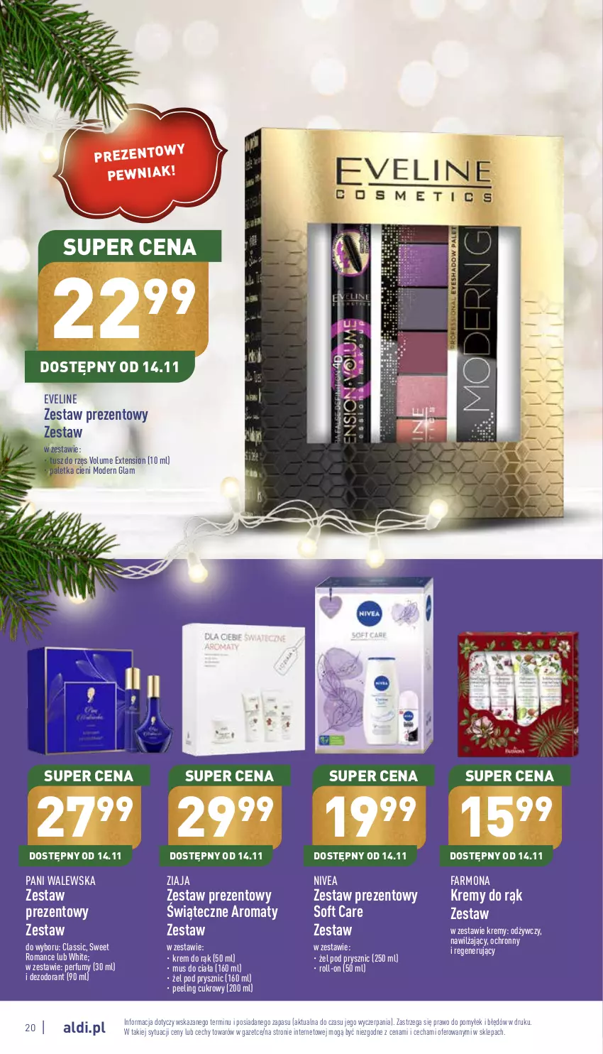 Gazetka promocyjna Aldi - Katalog świąteczny - ważna 07.11 do 24.12.2022 - strona 20 - produkty: Dezodorant, Eveline, Fa, Krem do rąk, Mus, Nivea, Paletka cieni, Peeling, Perfum, Tusz, Zestaw prezentowy, Ziaja