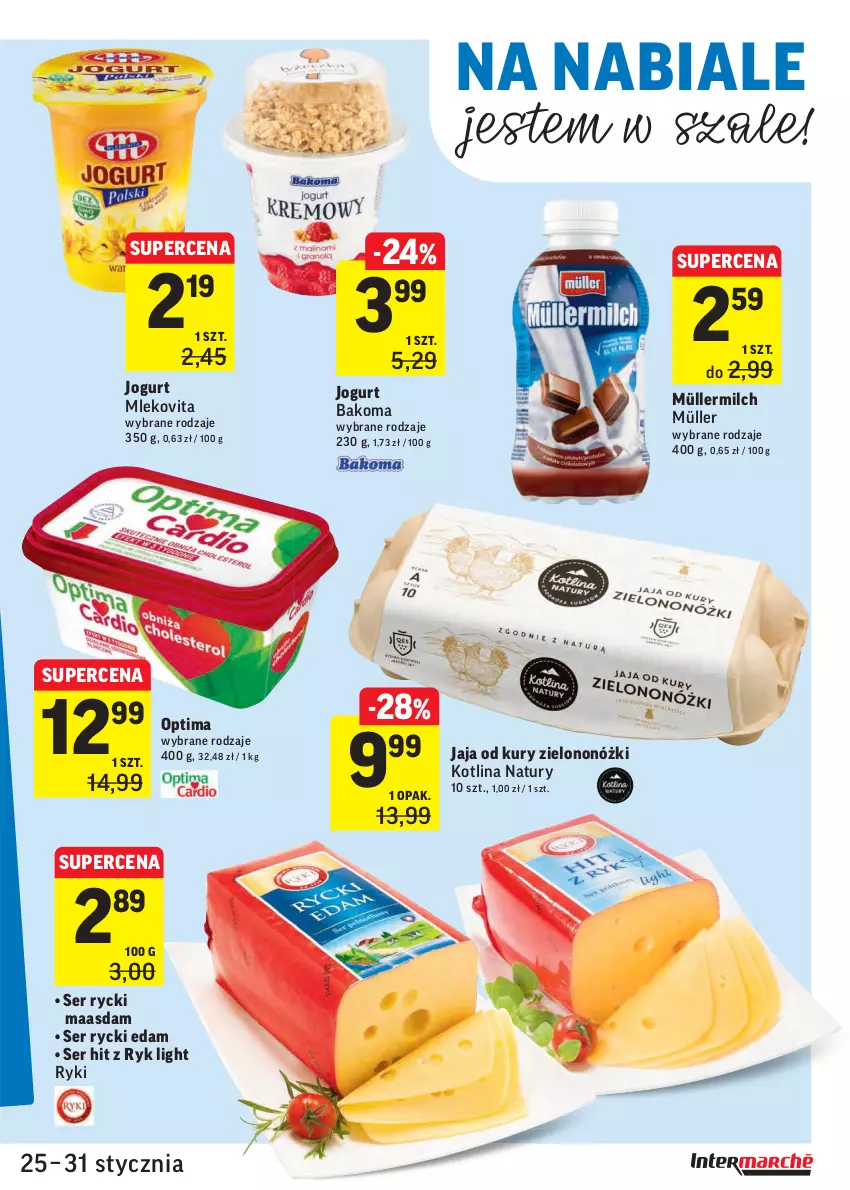 Gazetka promocyjna Intermarche - Gazetka promocyjna - ważna 25.01 do 31.01.2022 - strona 15 - produkty: Bakoma, Edam, Jaja, Jogurt, Kotlin, Maasdam, Mleko, Mlekovita, Müller, Müllermilch, Optima, Rycki Edam, Ser, Szal