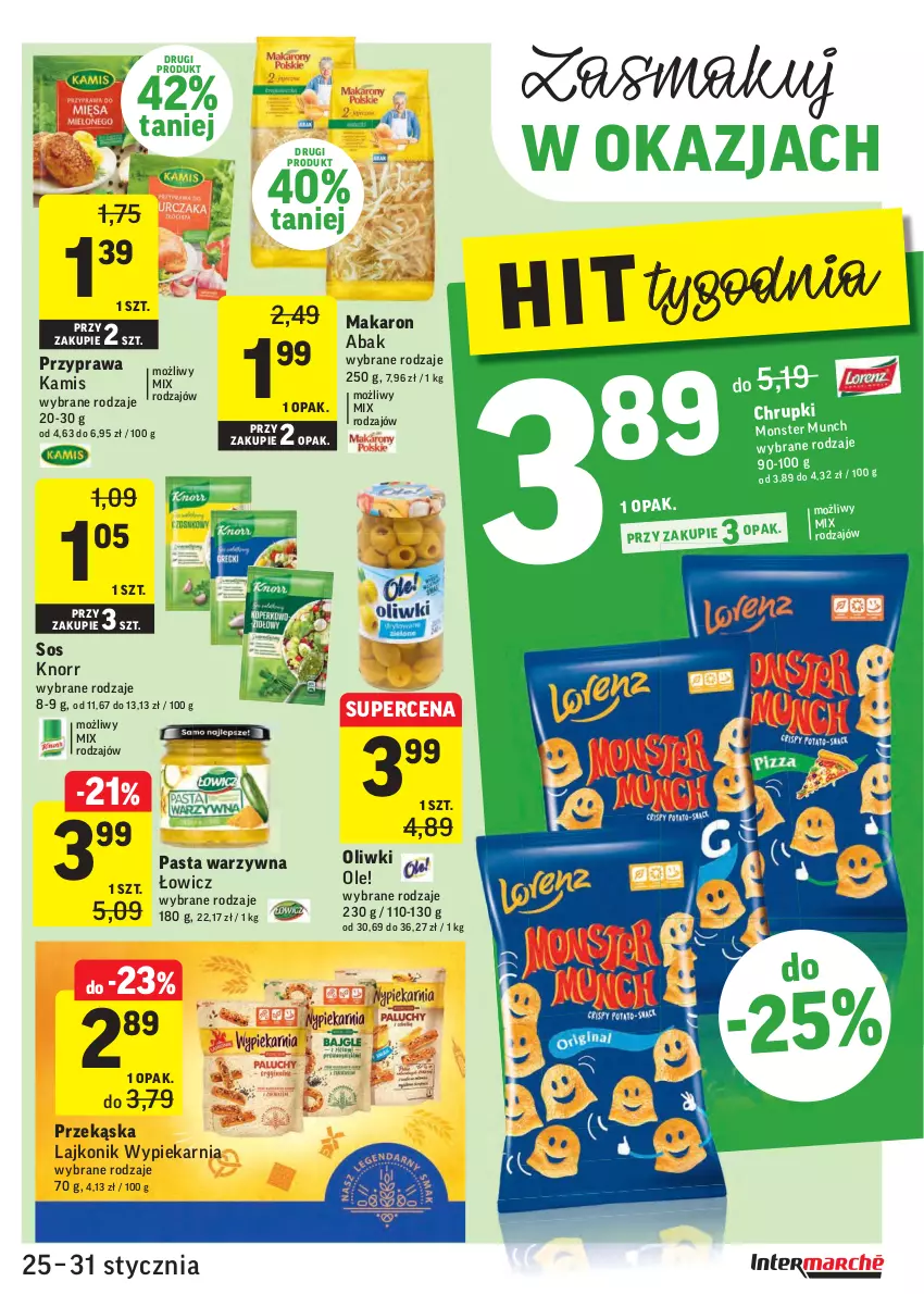 Gazetka promocyjna Intermarche - Gazetka promocyjna - ważna 25.01 do 31.01.2022 - strona 21 - produkty: Chrupki, Kamis, Knorr, Lajkonik, Makaron, Ole!, Oliwki, Pasta warzywna, Sos