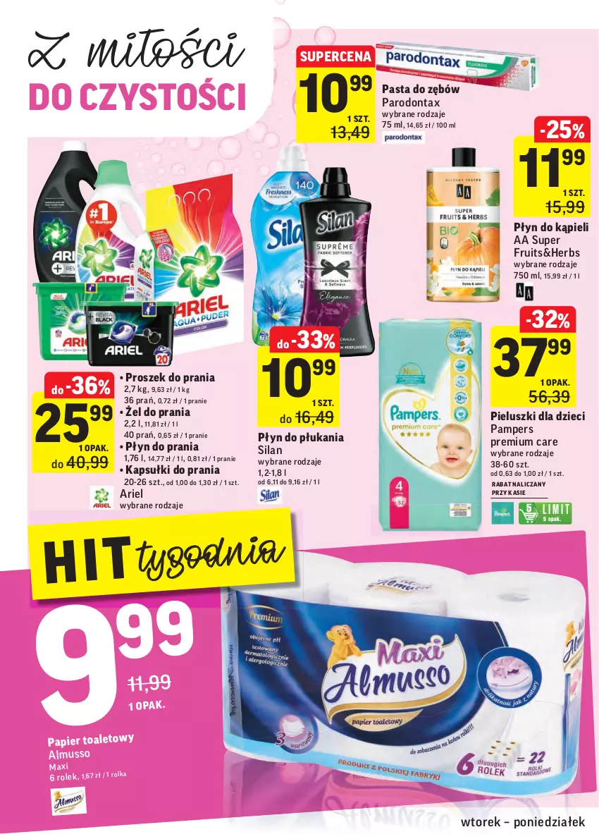 Gazetka promocyjna Intermarche - Gazetka promocyjna - ważna 25.01 do 31.01.2022 - strona 24 - produkty: Ariel, Dzieci, Kapsułki do prania, Mus, Pampers, Papier, Parodontax, Pasta do zębów, Płyn do kąpieli, Płyn do płukania, Płyn do prania, Proszek do prania, Silan