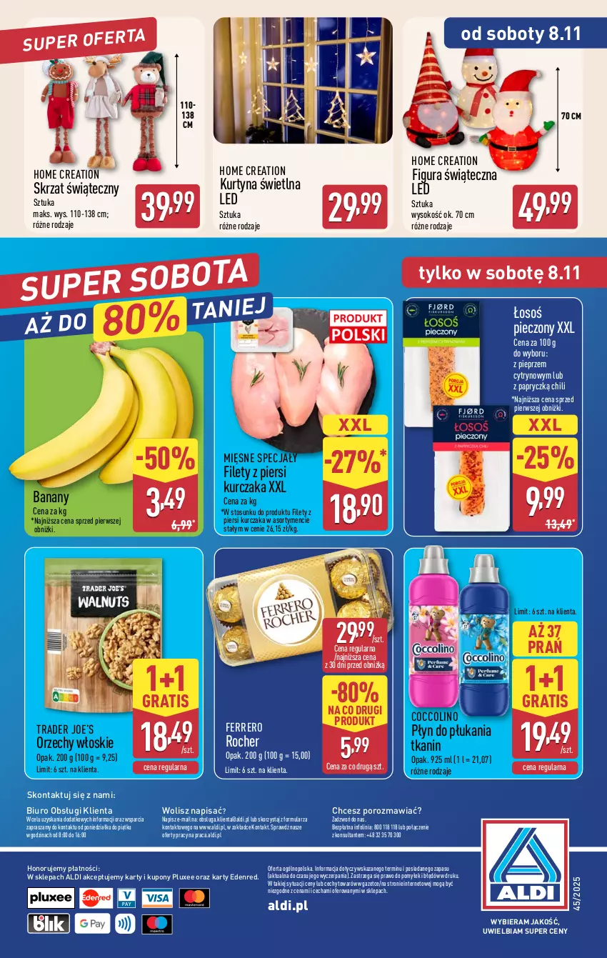 Gazetka promocyjna Aldi - Oferta weekendowa - ważna 06.11 do 08.11.2025 - strona 12 - produkty: Banany, Biuro, Coccolino, Ferrero, Ferrero Rocher, Gra, Kurczak, Mięsne specjały, O nas, Orzechy włoskie, Piec, Pieprz, Płyn do płukania, Por, Skrzat, Sok