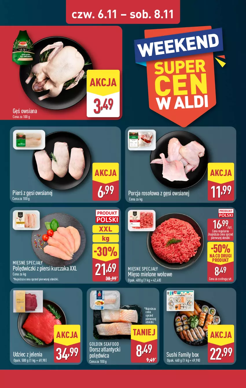 Gazetka promocyjna Aldi - Oferta weekendowa - ważna 06.11 do 08.11.2025 - strona 5 - produkty: Dorsz, Fa, Gęś owsiana, Golden Seafood, Kurczak, Mięsne specjały, Mięso, Mięso mielone, Polędwica, Por, Sushi