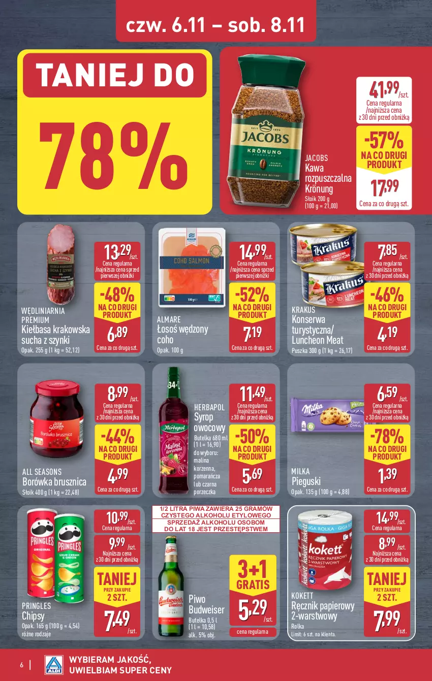 Gazetka promocyjna Aldi - Oferta weekendowa - ważna 06.11 do 08.11.2025 - strona 6 - produkty: All Seasons, Borówka, Borówka brusznica, Chipsy, Gra, Herbapol, Jacobs, Kawa, Kawa rozpuszczalna, Kiełbasa, Kiełbasa krakowska, Konserwa turystyczna, Krakus, Milka, Papier, Piwa, Piwo, Por, Pringles, Ręcznik, Ser, Syrop