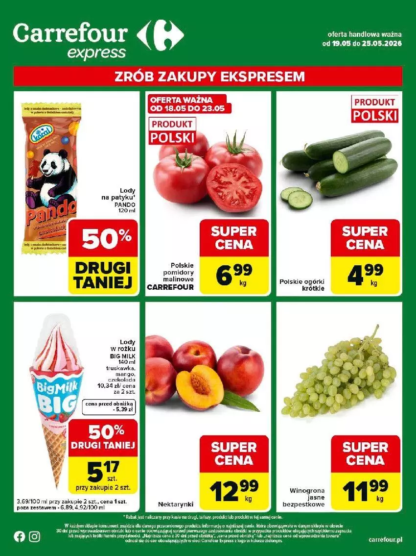 Gazetka promocyjna Carrefour - Gazetka Express - ważna 19.05 do 25.05.2026 - strona 1 - produkty: Big Milk, Lody, Nektar, Rosie, Wino, Winogrona