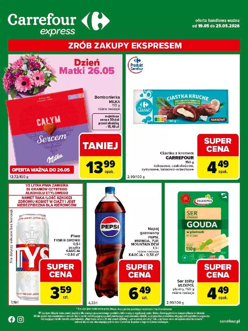 Gazetka promocyjna Carrefour - Gazetka Express - ważna 19.05 do 25.05.2026 - strona 2 - produkty: 7up, Ciastka, Fa, Kokos, Mirinda, Napój, Napój gazowany, Pepsi, Piwa, Piwo, Ser, Tyskie
