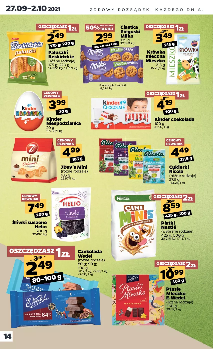 Gazetka promocyjna Netto - Gazetka spożywcza - ważna 27.09 do 02.10.2021 - strona 14 - produkty: Beskidzki, Ciastka, Cukier, Cukierki, Czekolada, Helio, Kinder, Milka, Mleczko, Nestlé, Ptasie mleczko