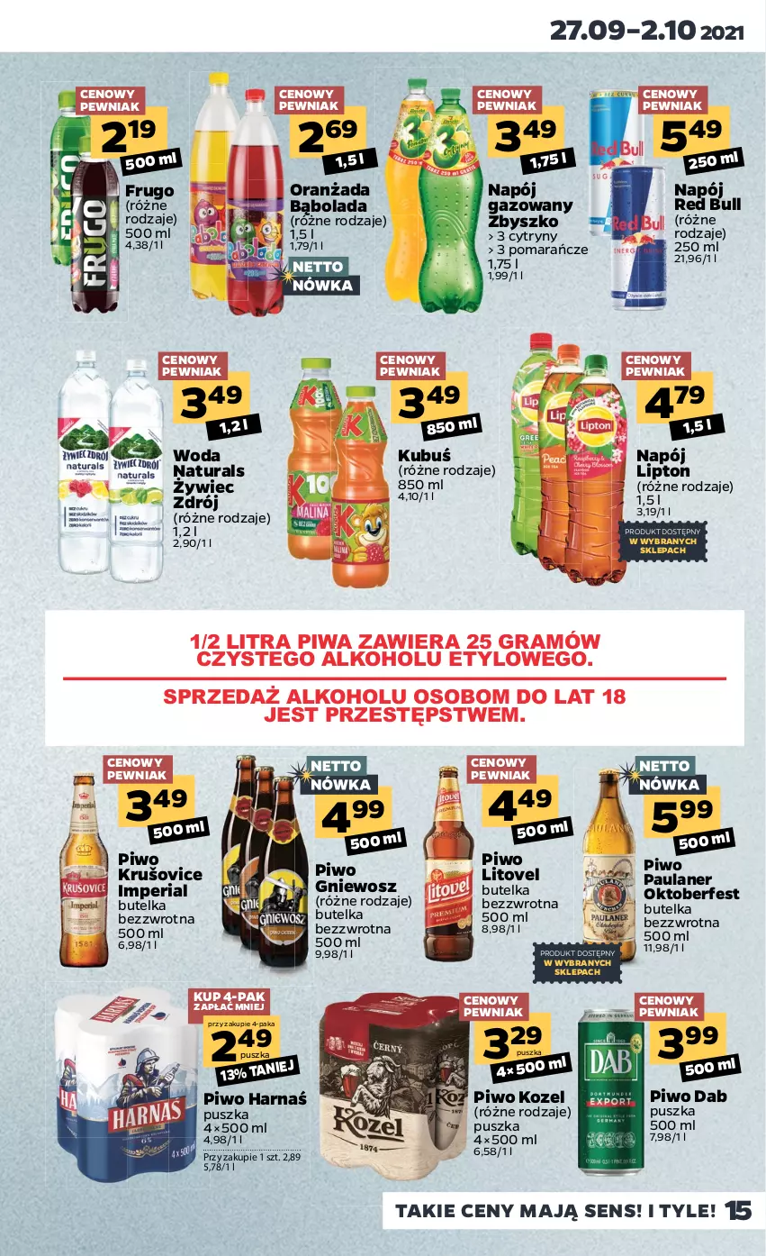 Gazetka promocyjna Netto - Gazetka spożywcza - ważna 27.09 do 02.10.2021 - strona 15 - produkty: Cytryny, Gra, Harnaś, Kozel, Kubuś, Lipton, Napój, Napój gazowany, Oranżada, Piwa, Piwo, Pomarańcze, Red Bull, Woda