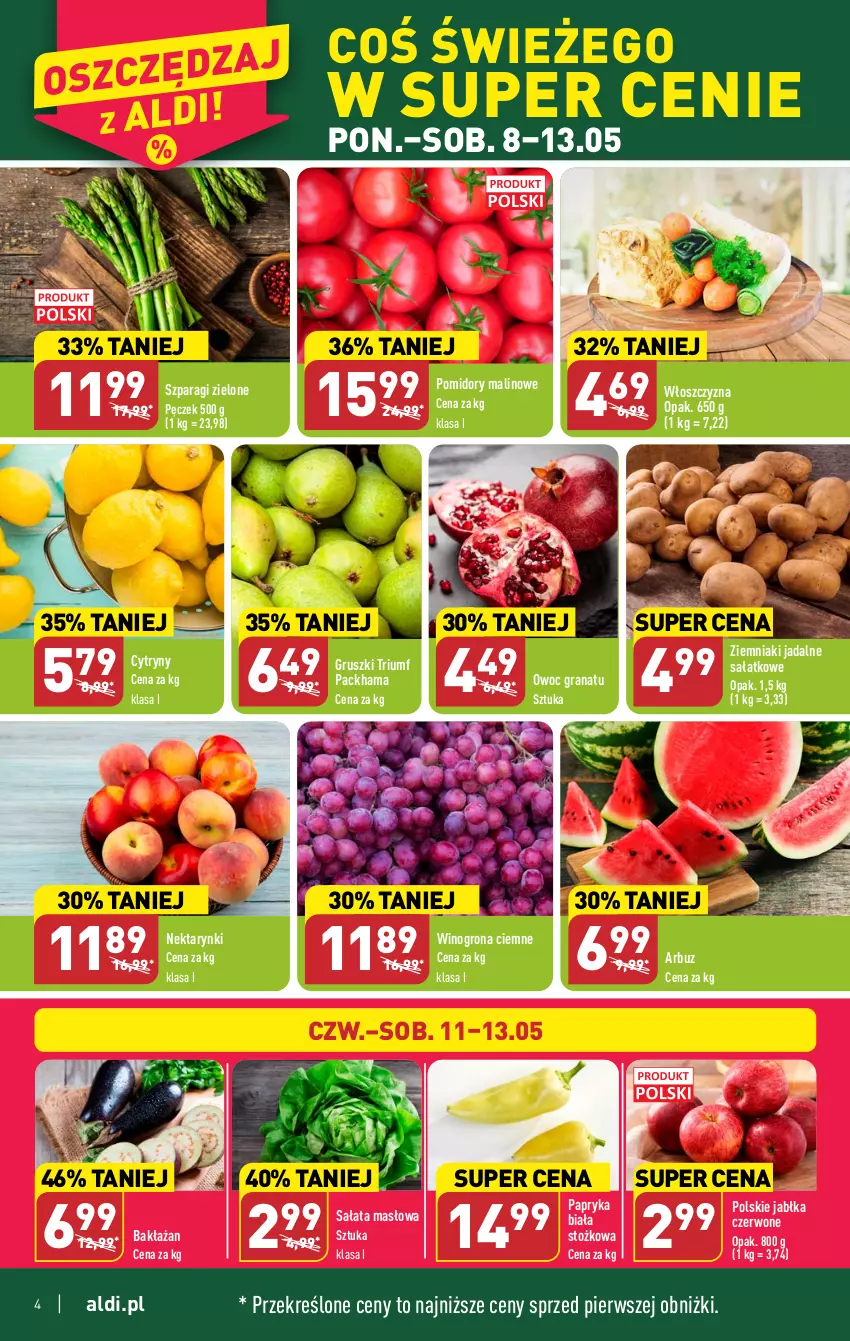 Gazetka promocyjna Aldi - Pełen katalog - ważna 08.05 do 13.05.2023 - strona 4 - produkty: Arbuz, Cytryny, Gra, Granat, Gruszki, Hama, Jabłka, Masło, Nektar, Papryka, Papryka biała, Pomidory, Sałat, Sałata masłowa, Wino, Winogrona, Ziemniaki