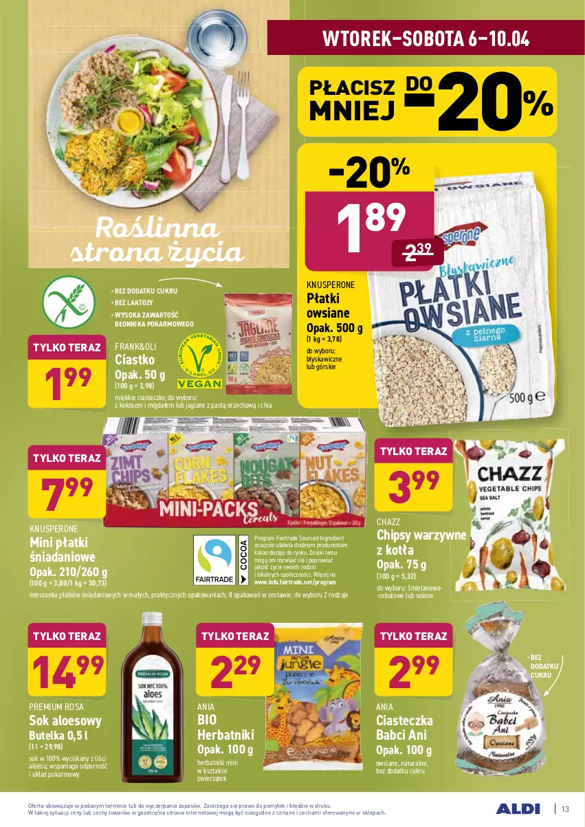 Gazetka promocyjna Aldi - ALE! CENA w ALDI - ważna 06.04 do 10.04.2021 - strona 13 - produkty: Chia, Chipsy, Danio, Fa, Gra, Herbatniki, Kakao, Kokos, Płatki owsiane, Por, Sok, Tera