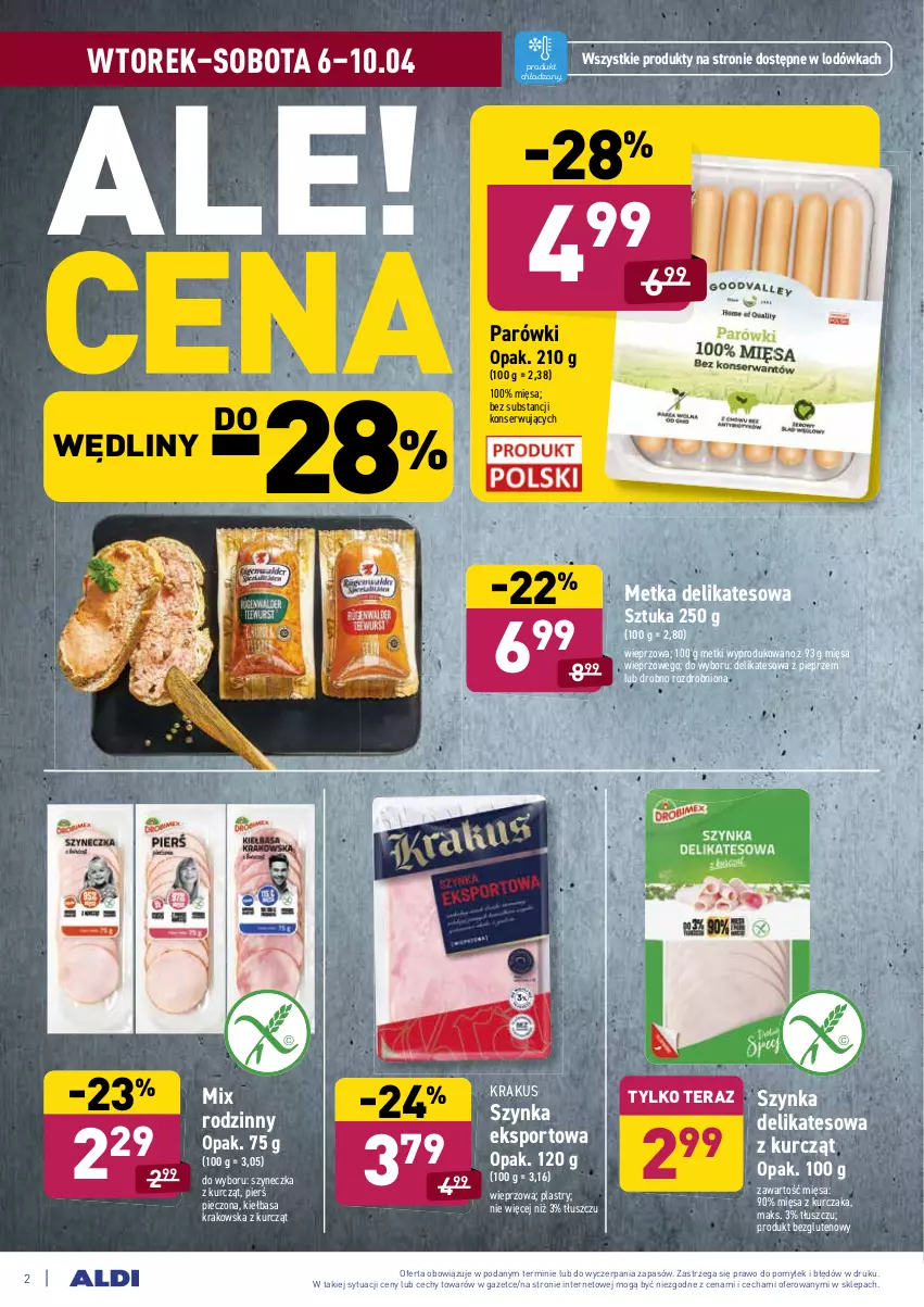 Gazetka promocyjna Aldi - ALE! CENA w ALDI - ważna 06.04 do 10.04.2021 - strona 2 - produkty: Kiełbasa, Kiełbasa krakowska, Krakus, Kurczak, Lodówka, Parówki, Piec, Pieprz, Por, Ser, Sport, Szynka, Szynka delikatesowa, Tera