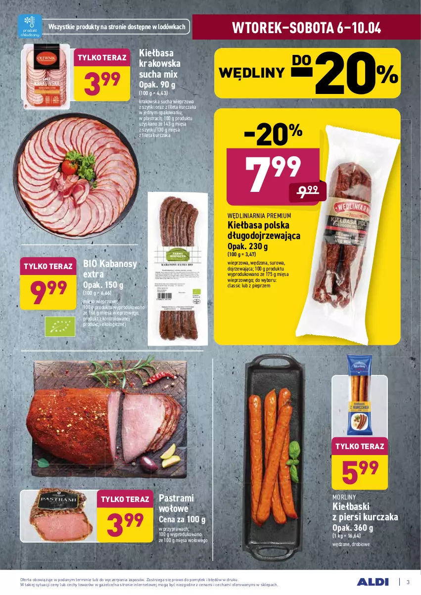 Gazetka promocyjna Aldi - ALE! CENA w ALDI - ważna 06.04 do 10.04.2021 - strona 3 - produkty: Kabanos, Kiełbasa, Kiełbasa krakowska, Kurczak, Lodówka, Mięso, Mięso wieprzowe, Morliny, Pieprz, Tera