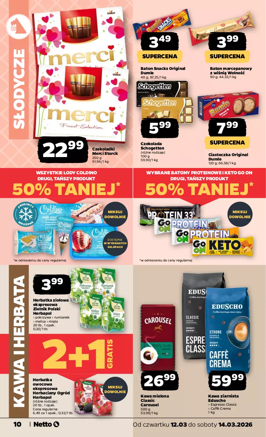 Gazetka promocyjna Netto - Od Czwartku - ważna 12.03 do 14.03.2026 - strona 10 - produkty: Baton, Baton marcepanowy, Czekolada, Gin, Gra, Herbapol, Herbata, Kawa, Kawa mielona, Kawa ziarnista, Lody, Merci, Mięta, Ogród, Rum, Schogetten