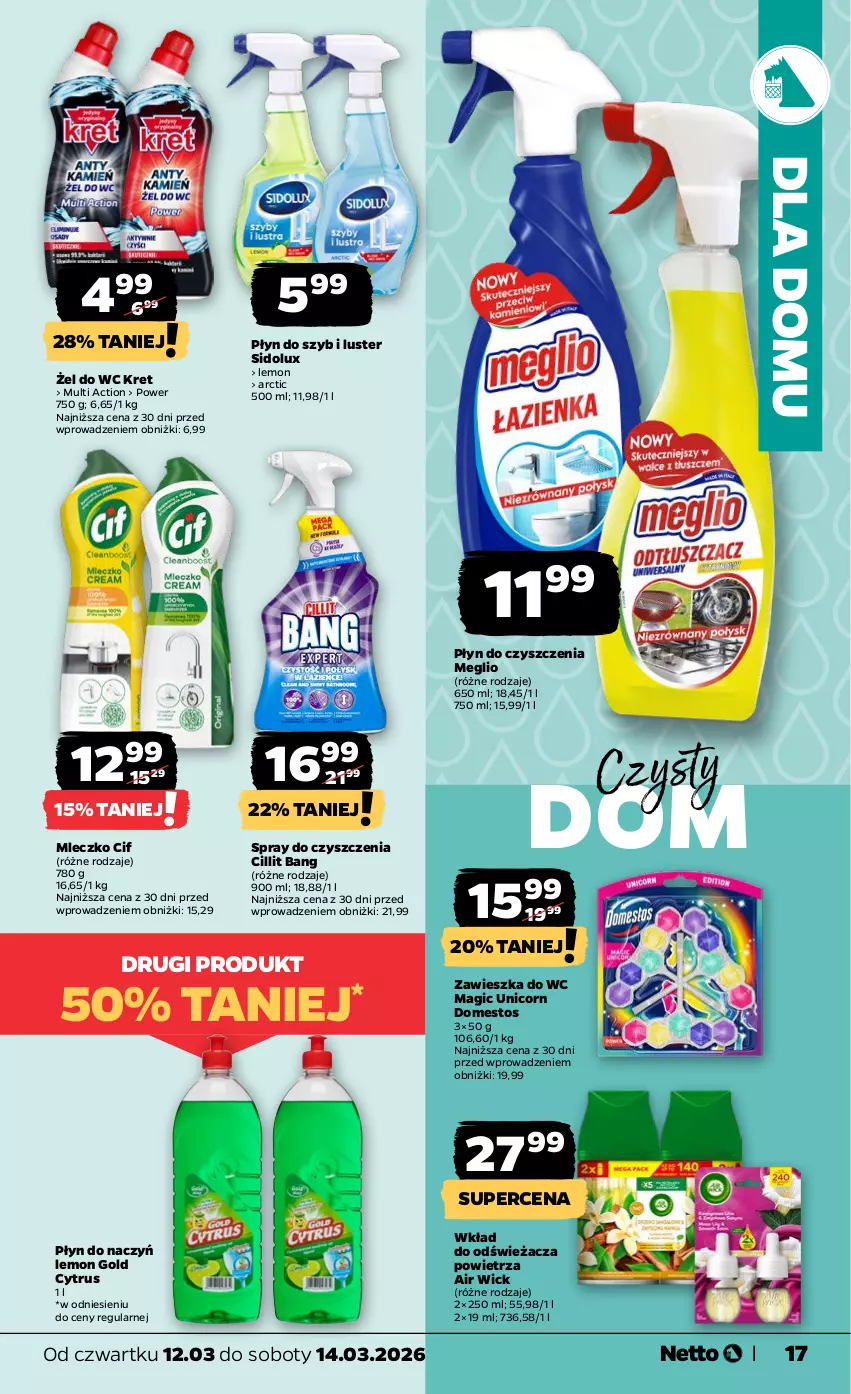 Gazetka promocyjna Netto - Od Czwartku - ważna 12.03 do 14.03.2026 - strona 17 - produkty: Air Wick, Cif, Cillit Bang, Domestos, Kret, Mleczko, Płyn do szyb, Sidolux, Spray do czyszczenia, Zawieszka do wc