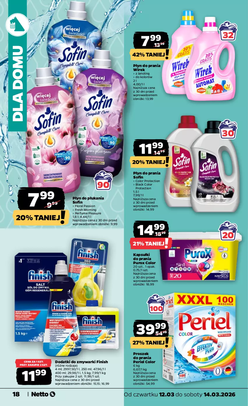Gazetka promocyjna Netto - Od Czwartku - ważna 12.03 do 14.03.2026 - strona 18 - produkty: Finish, Flora, Kapsułki do prania, Lack, Perfum, Płyn do płukania, Płyn do prania, Proszek do prania, Pur, Zmywarki