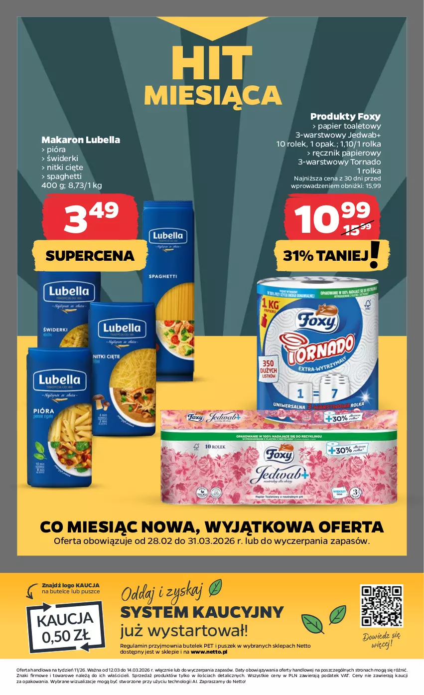 Gazetka promocyjna Netto - Od Czwartku - ważna 12.03 do 14.03.2026 - strona 19 - produkty: Bell, Bella, Foxy, Lubella, Makaron, Papier, Papier toaletowy, Ręcznik, Spaghetti