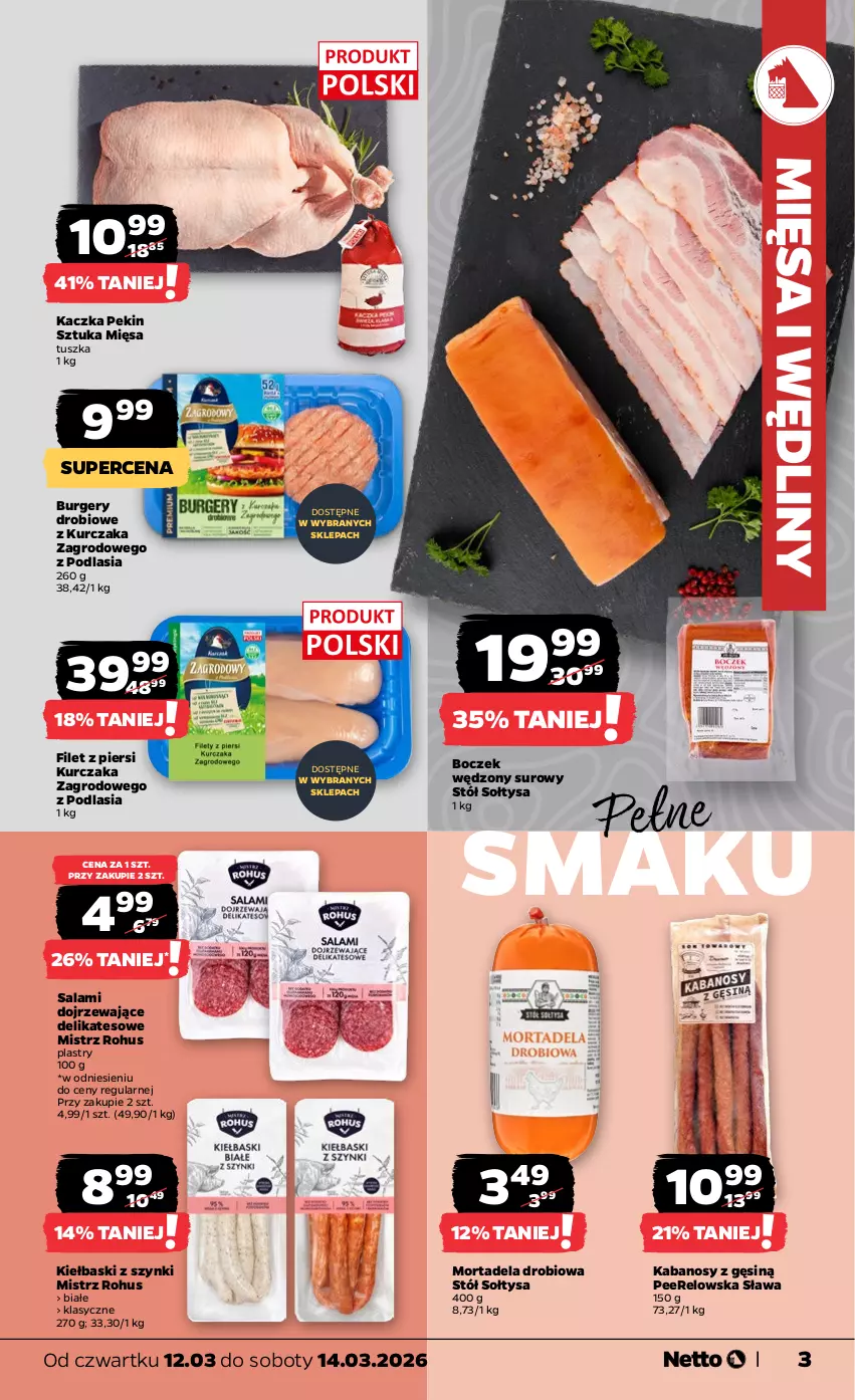 Gazetka promocyjna Netto - Od Czwartku - ważna 12.03 do 14.03.2026 - strona 3 - produkty: Boczek, Burger, Filet z piersi kurczaka, Kabanos, Kaczka, Kurczak, Salami, Stół, Tusz