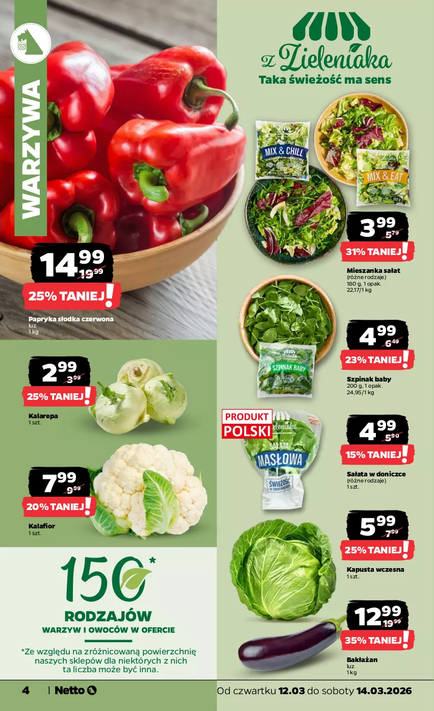 Gazetka promocyjna Netto - Od Czwartku - ważna 12.03 do 14.03.2026 - strona 4 - produkty: Kalafior, Mieszanka sałat, Papryka, Papryka słodka, Sałat, Szpinak, Warzywa