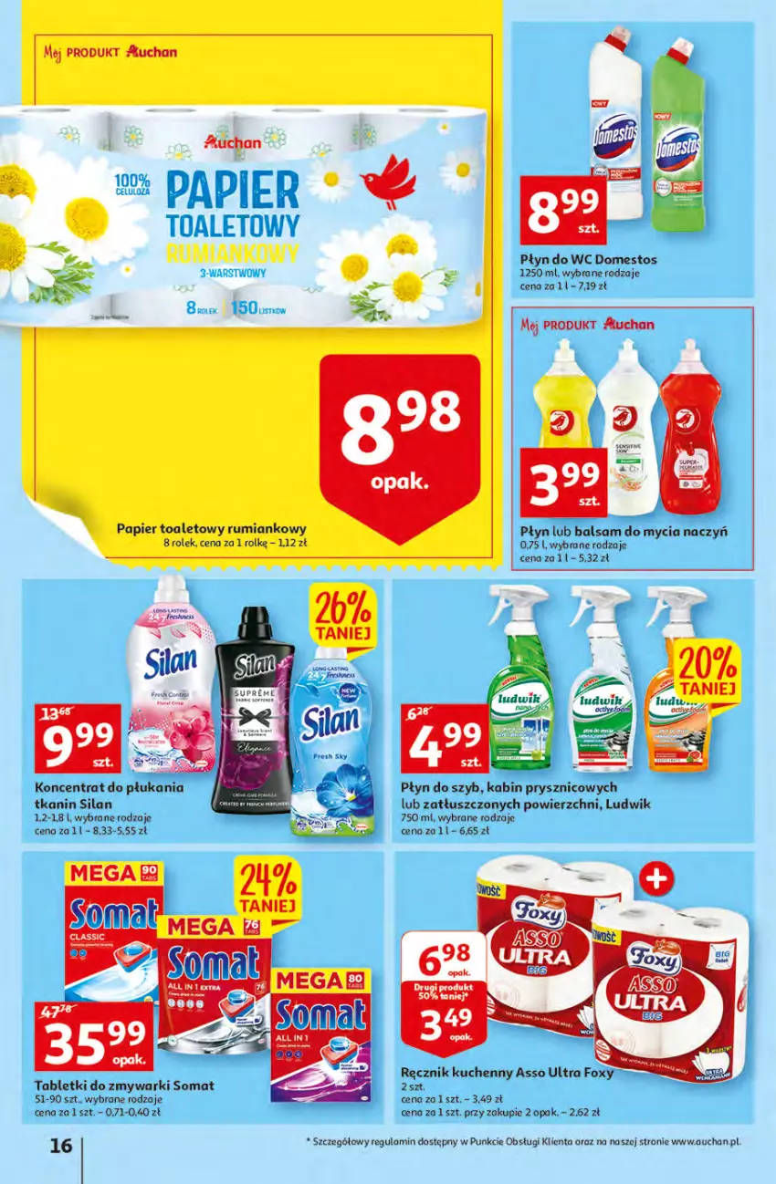 Gazetka promocyjna Auchan - przeNISKIE CENY WAKACYJNE przeOKAZJE Hipermarkety - ważna 23.06 do 29.06.2022 - strona 16 - produkty: Balsam do mycia naczyń, Do mycia naczyń, Domestos, Foxy, Ludwik, Papier, Papier toaletowy, Płyn do szyb, Płyn do wc, Ręcznik, Ręcznik kuchenny, Rum, Silan, Somat, Tablet, Tabletki do zmywarki, Zmywarki